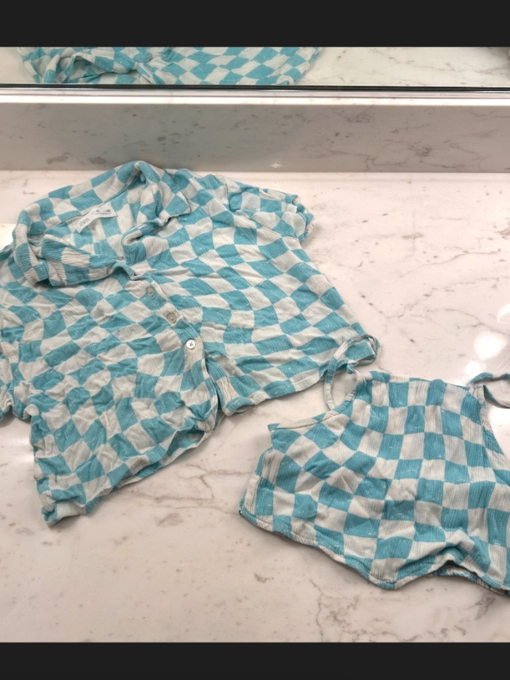 Zara Kids Blue and White Gingham Button Up Top and Tank Top Set Size 10